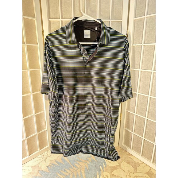 Callaway Polo Shirt Mens Medium Black Gray Striped Opti Dri Performance Golf - Picture 1 of 10